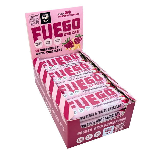 16 Raspberry & White Choc Superfood Fibre Bars - fuegobars