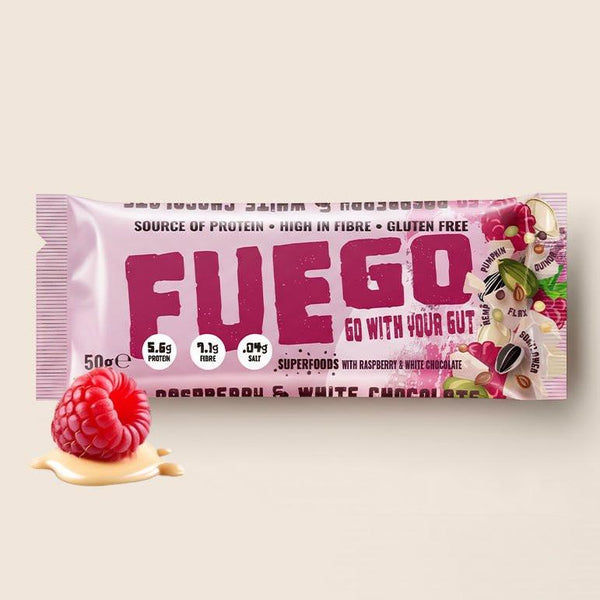 Raspberry & White Choc Gut Health Fibre Bar – FUEGO snacks